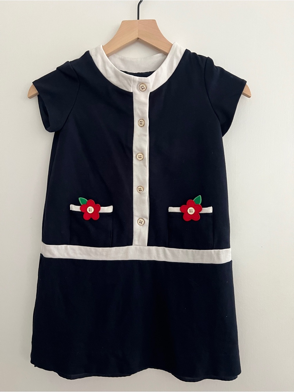 Florence Eiseman Black Dress with White Trim and Red Flower Accents